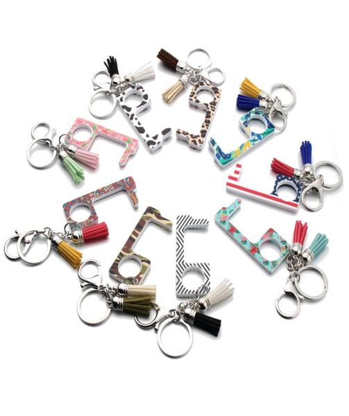 

acrylic keychain tool leather tassel pendant bag charm keyring noncontact edc door opener elevator button fashion car key chain r2710098, Slivery;golden