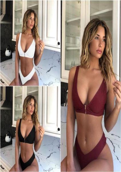 

women solid bikini set pushup padded high waist swimsuit beachwear high cut women039s zipper swimsuits swimwear biquini8817098, White;black