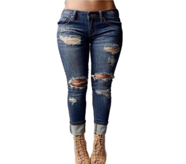 

selling women039s juniors distressed ripped slim fit stretchy jeans skinny denim capris pants broken holes design8092724, Blue