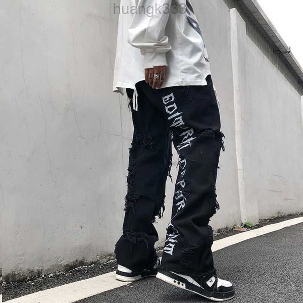 

ripped jeanshigh street rugged and perforated jeans for men high street ins fashion american street simple hip hop loose embroidered pants f, Blue