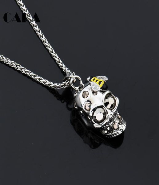 

cara new hiphop skeleton pendant necklace cool silver color stainless steel paving stone bee skull necklaces for men cagf02989302580