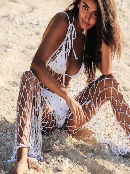 

solid fishnet crochet cover ups beads twinkling mesh cover up handmade crochet beach dress mesh beach wear net bodysuit bead cover8982112, White;black