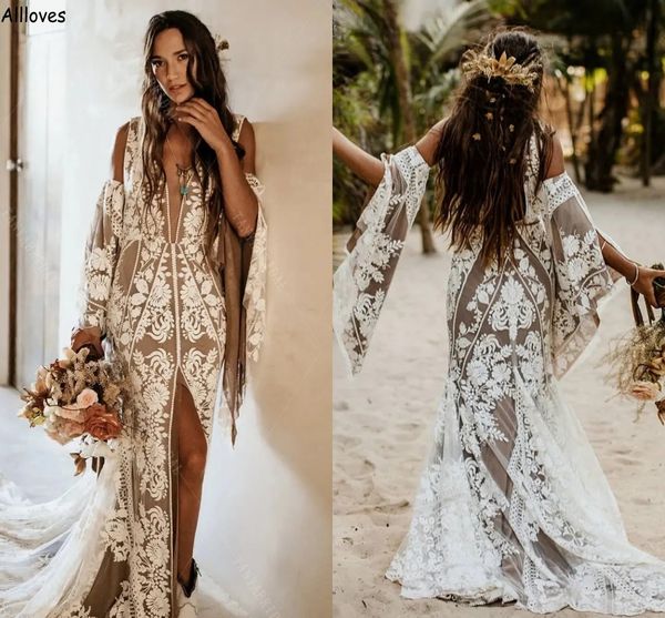 

hippie boho beach style mermaid wedding bridal dresses delicate lace flare long sleeves plunging v neck bride reception gowns front split ro, White