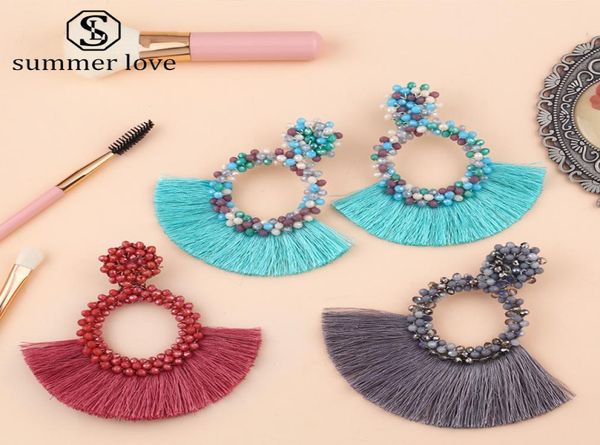 

2021 vintage ethnic bohemian tassel dangle earrings for women handmade long fringed crystal beaded hoop drop earring statement jew9288022, Silver