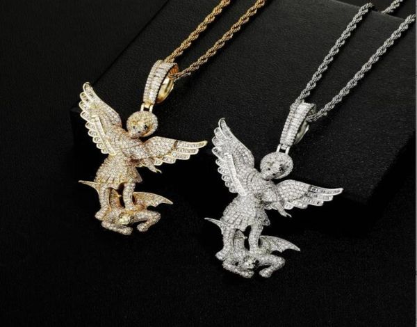 

hip hop pendants micro paved aaa cubic zirconia bling iced out angel defeats demon necklace for men rapper jewelry gift6715368, Silver