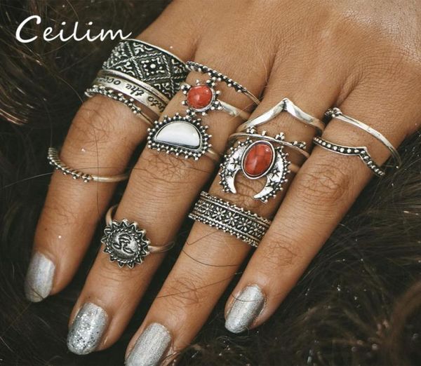 

fashion jewelry joint ring set 14pcsset engraved bohemian vintage punk antique silvercolor sun face finger rings for women whole4915412, Golden;silver