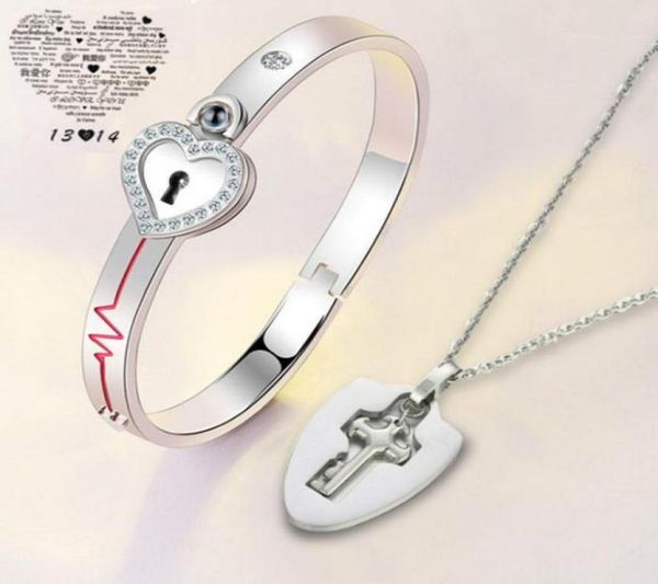 

concentric lock bracelet key necklace set for men and women couple titanium steel jewelry set fashion party jewelry boys girls1022539, Silver