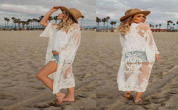 

beach dress women lace hollow crochet swimwear bikini long sleeve cover up beach dress sarongs kaftan8409076, Black;gray