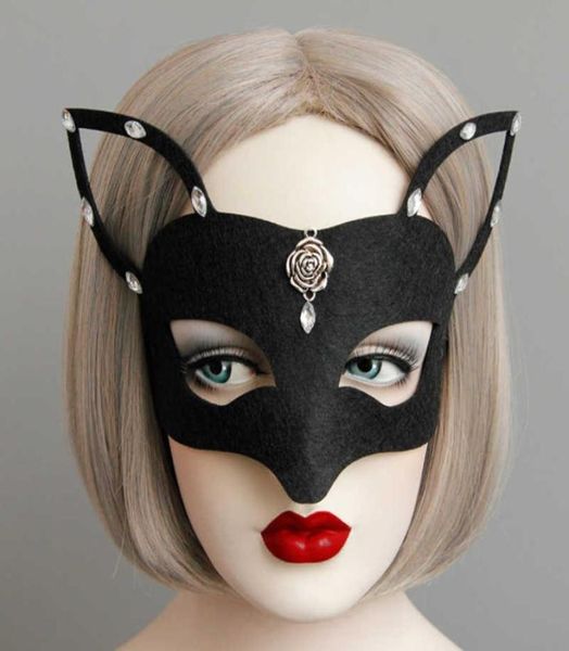 

halloween black fox halfface mask masquerade hair jewelry silver rosebud rhinestone deco halffaces fox masks for girls4543306, Golden;white