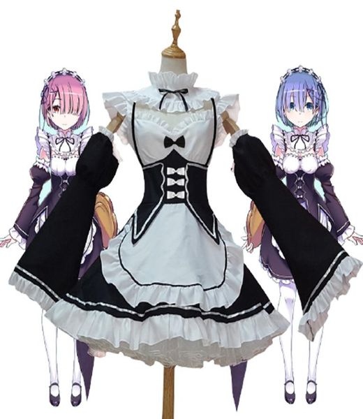 

ramrem cosplay costumes rezero kara hajimeru isekai seikatsu lolita skirt for woman blue pink wig costume maid servant dress anim2189209, Black