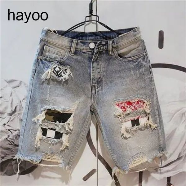 

men's jeans korean style ripped personalized inner lining washed denim shorts summer stitching fivepoint jeans 230711, Blue
