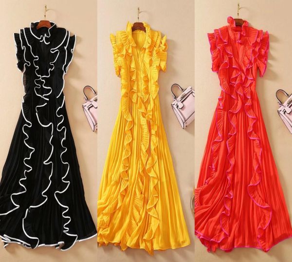 

european and american catwalk highquality wood ear stitching pleated evening dress9698402, Black