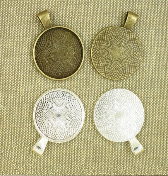 

whole10pcs 25mm silver plate necklace pendant setting cabochon cameo base tray bezel blank fit 25mm cabochons jewelry making 3111483, Blue;slivery