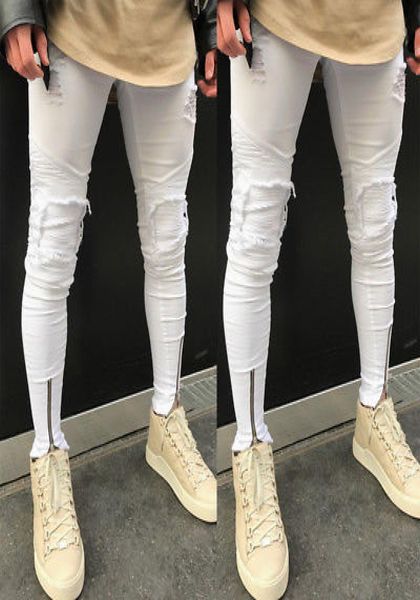 

men jeans stretch destroyed ripped design jeans hombre fashion zipper skinny for men trousers white 20202960640, Blue