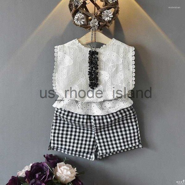 

clothing sets clothing sets girls clothes summer lace children sleeveless vest plaid shorts 2pcs kids suit fashion 3-8t x0712, White