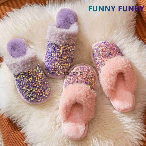 

slippers 2022 women's luxury sequins flexible bottom warm furry women's shoes plush cotton slippers indoor outdoor warm fur slippe, Black