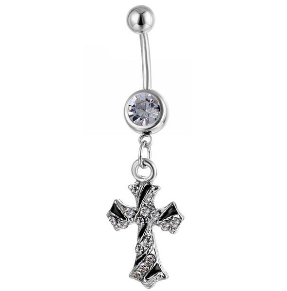 

d0791f cross belly navel button ring clear color0123452656703, Silver