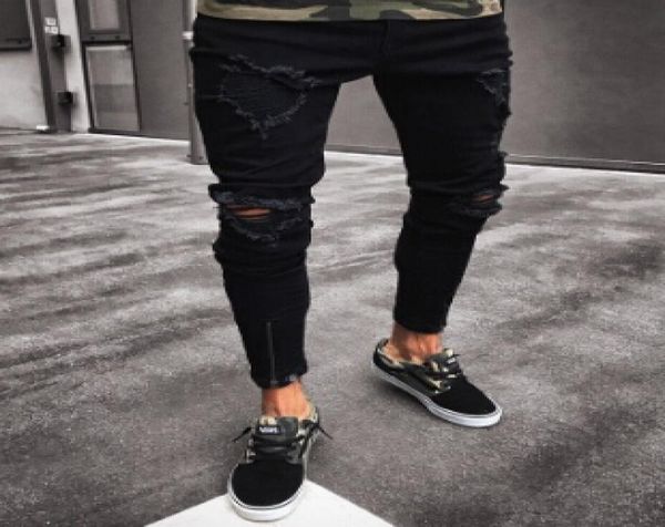 

black pants for men hip hop rock holes ripped jeans biker slim fit zipper jean distressed pants6341323, Blue
