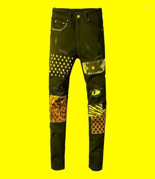 

sokotoo men039s rivets stars printed patchwork black jeans trendy streetwear slim fit stretch denim pants ripped trousers6882720, Blue
