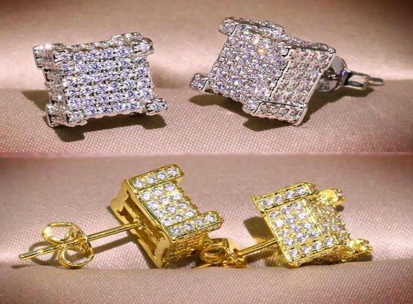 

luxury crystal princess square earrings white gold yellow color zircon wedding stud for women men jewelry cz4751671, Golden;silver