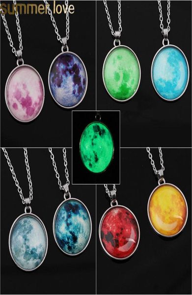 

galaxy nebula moon luminous pendant necklaces 8 colors fashion glass cabochon silver chain necklace glow in the dark jewelry6206979