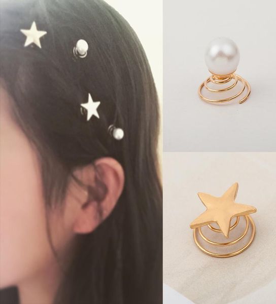 

personalized simple jewelry golden fivepointed star spring clip pearl spiral clip bride hair clip whole5339302, Golden;silver
