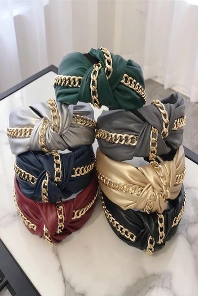 

fashion pu leather hairbands wide headband shining gold chain head hoop hair accessories headwear red black gray green hairbands5543881, Silver