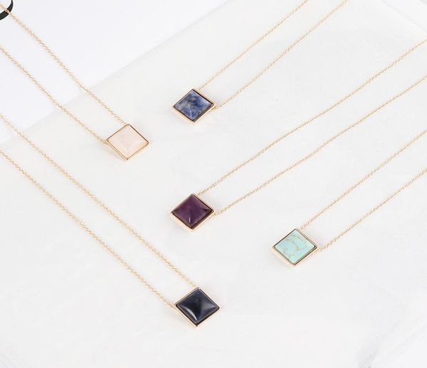 

exquisite handmade rectangle turquoise pink crystal stone polishing metal druzy natural stone rose quartz necklaces pyramid pendan3507864, Silver