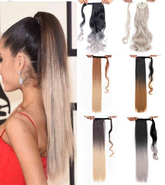 

22 inch false ponytail ombre clip on hair long synthetic fake curly pony tail hair extension pony fastened queendom5028794, Golden;silver