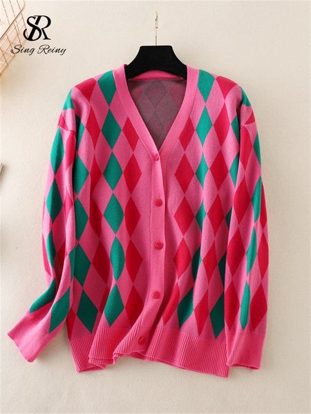 

women's knits tees singreiny fashion argyle autumn cardigan loose v neck single breasted female american retro streetwear knitted warm, White