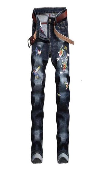 

newcomers men fashion locomotief jeans borduren male ripped denim broek270h7424731, Blue