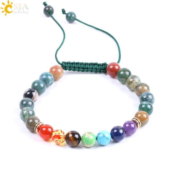 

csja 7 chakra bracelets natural stone indian agate balance bracelet bangle adjustable lace up for women men reiki healing charm je5142381, Black