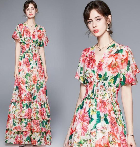 

drop new arrival summer fall floral print v neck short sleeve empire waist women ladies party casual beach aline pleated 7179206, Black;gray