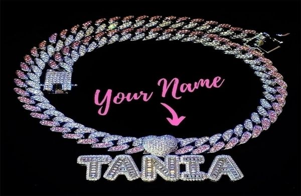 

pendant necklaces pink clear stones cuban link chain with name choker heart bail icy letters blingbling monogram custom 2209236921122, Silver