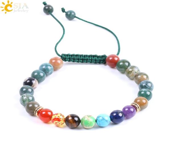 

csja 7 chakra bracelets natural stone indian agate balance bracelet bangle adjustable lace up for women men reiki healing charm je8454926, Black
