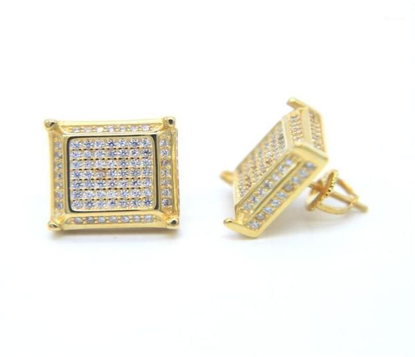 

hip hop bling women men jewelry 925 silver screwback square micro pave cz cool boy earring244a1193096, Golden;silver