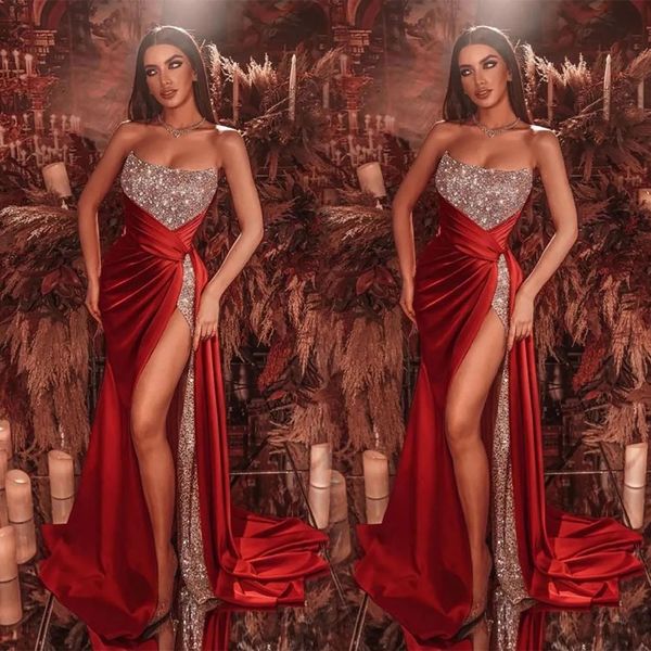 

silver sequined mermaid evening dresses with red skirt arabic dubai stylish sweetheart high split long party prom gowns women formal vestido, Black