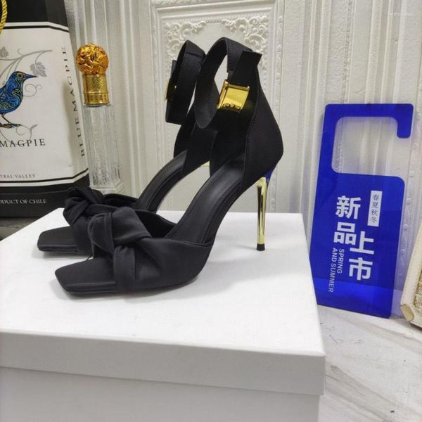 

sandals summer solid square headed simple silk flower slippers high heel banquet dress versatile large customized women, Black