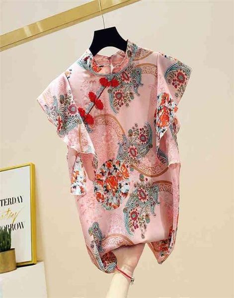 

chinese cheongsam style women floral chiffon shirt summer blouse ruffles short sleeve shirts blusas a3252 2105199030575, White