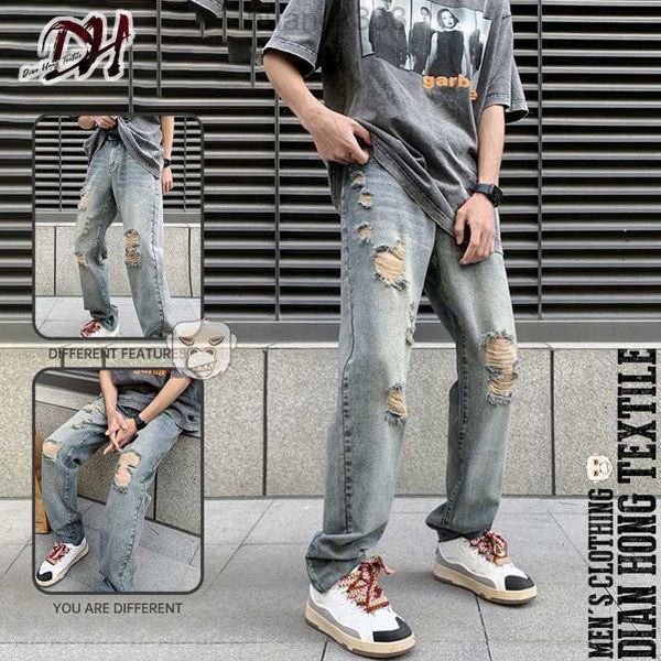 

ripped jeansmen's hiphop fried street pants, men's high street trendy brand washed rough edge torn jeans, Blue