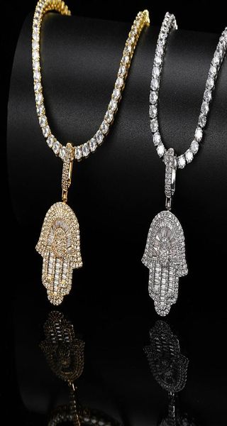 

hip hop hand of fatima hamsa pendant necklace bling copper shining cubic zircon for men women gifts platinum plated ne3968207, Silver