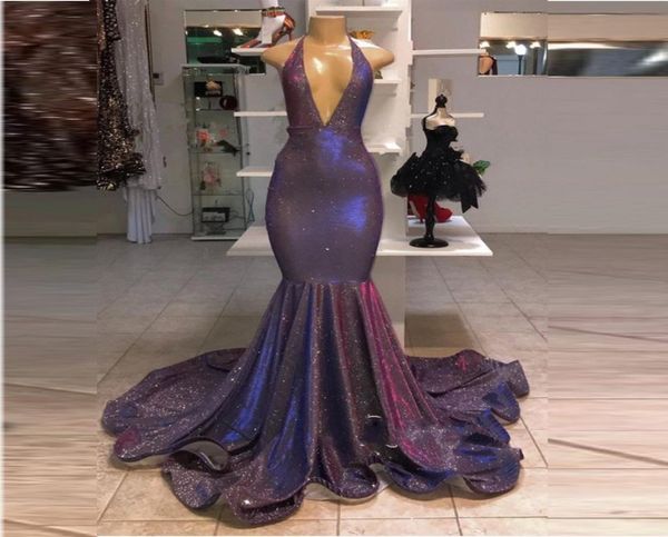 

sequins mermaid prom dresses halter deep v neck red carpet dresses party evening wear sweep train formal backless cocktail go8943225, Black