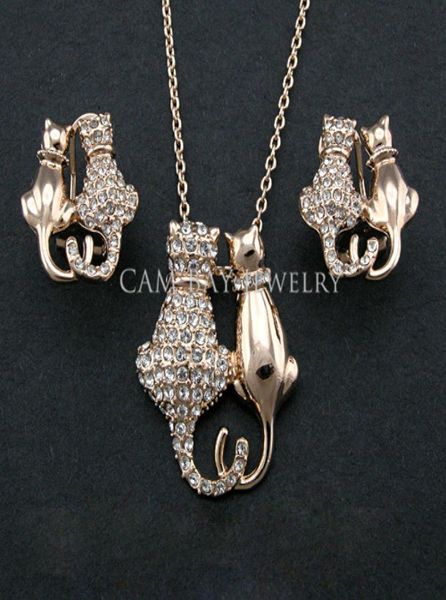 

18k goldimitation rhodium plated austria crystal cat in tow jewelry earring necklace sets alloy with czech rhinest4291267, Silver