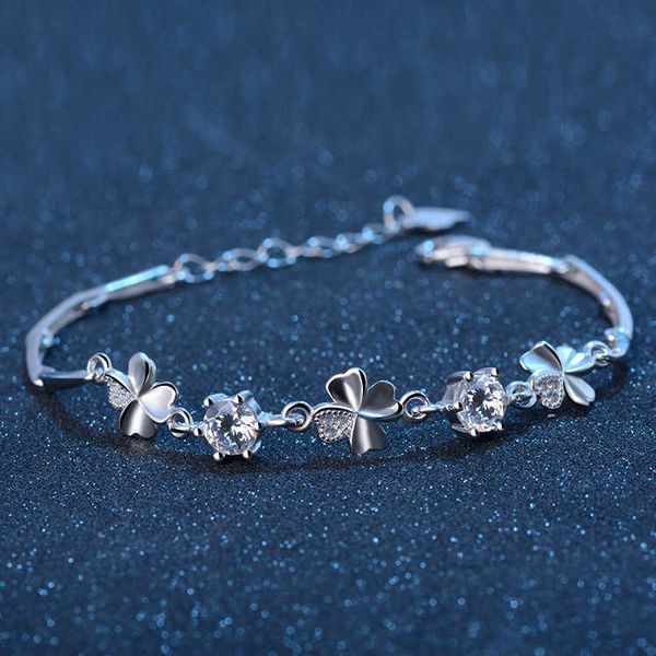 

s925 sterling silver clover female korean personality simple lucky zircon fashion crystal bracelet, Golden;silver