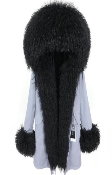 

warm coats maomaokong brand black mongolia sheep fur trim placket black rabbit fur liner grey long parka cuff fur9850058