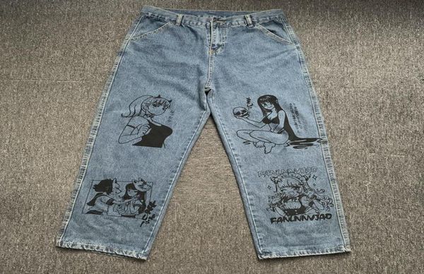 

men039s jeans godlikeu men washed harajuku anime print baggy streetwear cotton fashion loose wide leg pants8340099, Blue