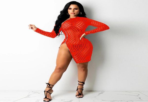 

casual dresses fishnet full sleeve o neck zipper split mini dress women mesh see through hollow out party club streetwear ves1675495, Black;gray