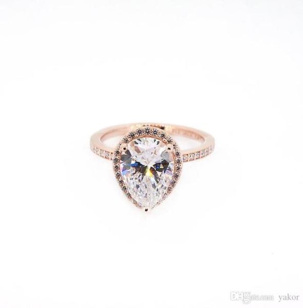 

new tear drop cz diamond 925 silver wedding ring original box for 18k rose gold water drop rings set for women8350321, Slivery;golden