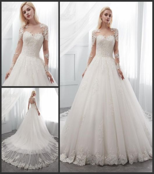 

a line long sleeve wedding dresses sheer illusion crew neck with lace applique bridal gown keyhole corset back vestidos de novia 22410811, White