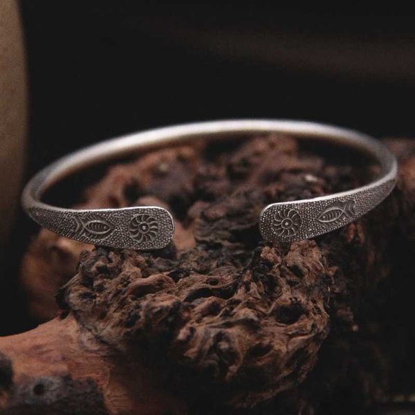 

fanyin sterling s925 thailand chiang mai handmade silver fish carved flower children's old sun bracelet, Golden;silver